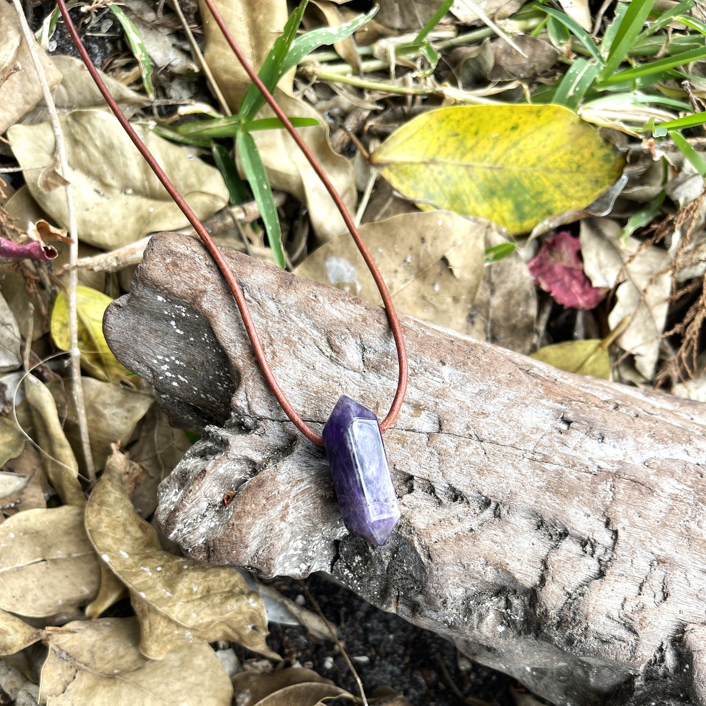 "Dabble In Dimensions" Purple Amethyst Stone Pendant Leather Necklace