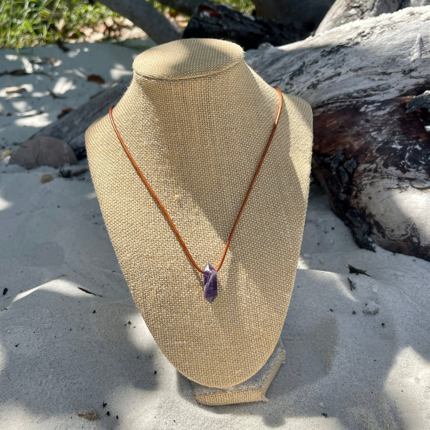 "Dabble In Dimensions" Purple Amethyst Stone Pendant Leather Necklace