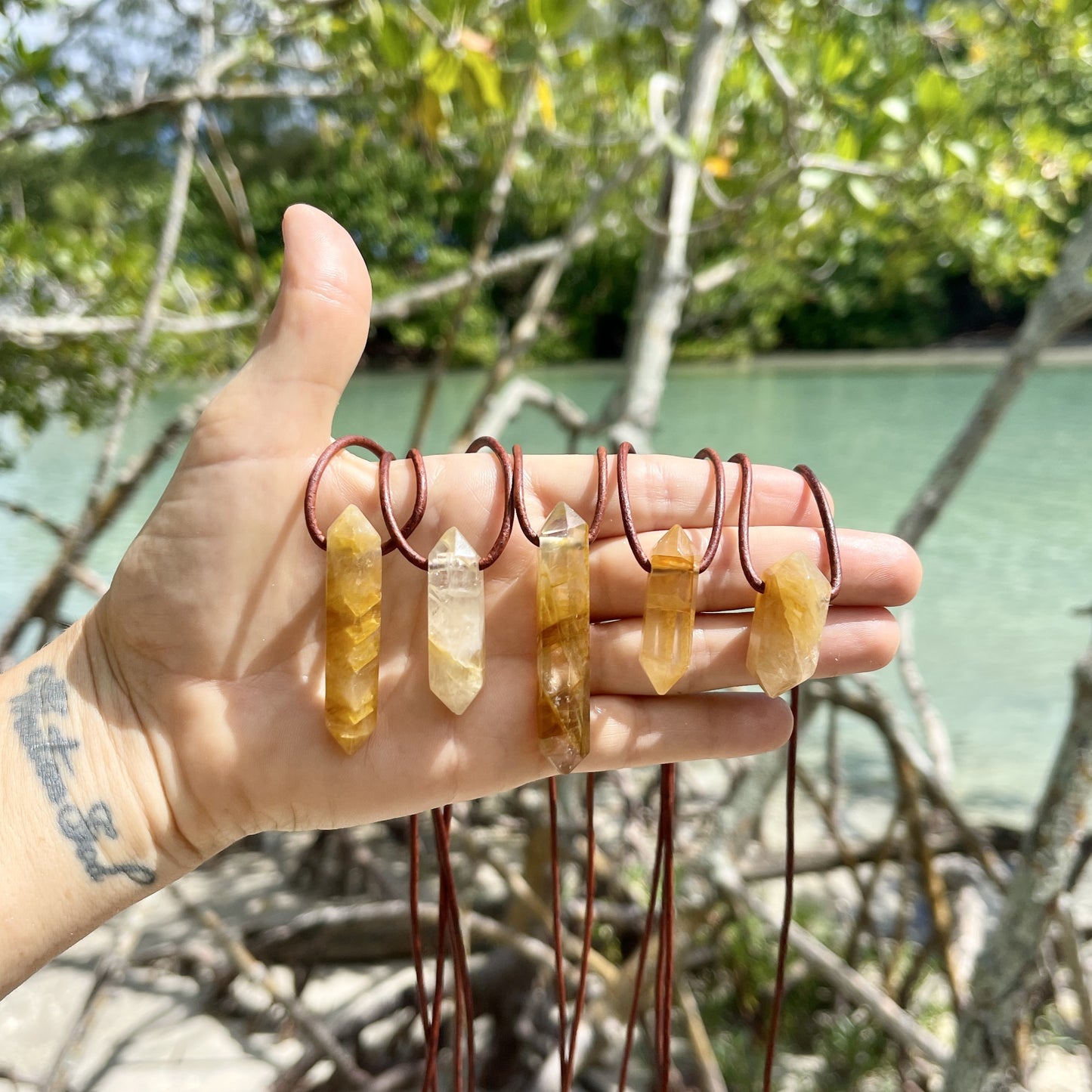 "Morning Swim" Lemon Yellow Hematoid Quartz Pendant Leather Necklace