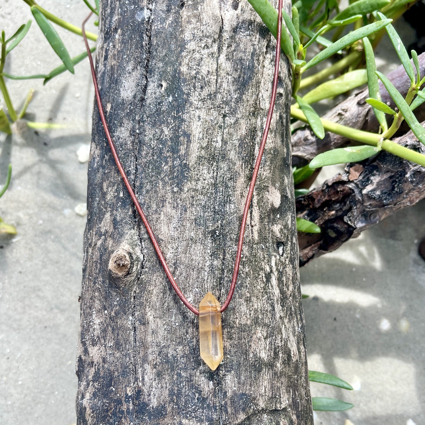 "Morning Swim" Lemon Yellow Hematoid Quartz Pendant Leather Necklace