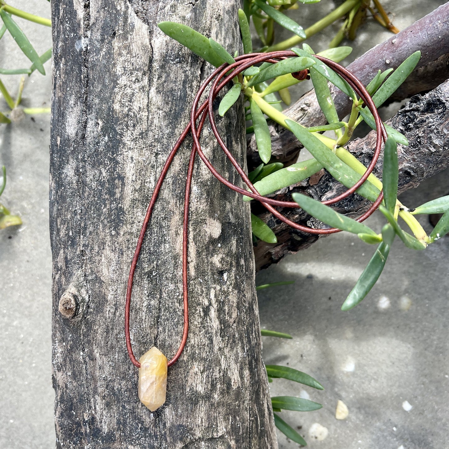 "Morning Swim" Lemon Yellow Hematoid Quartz Pendant Leather Necklace