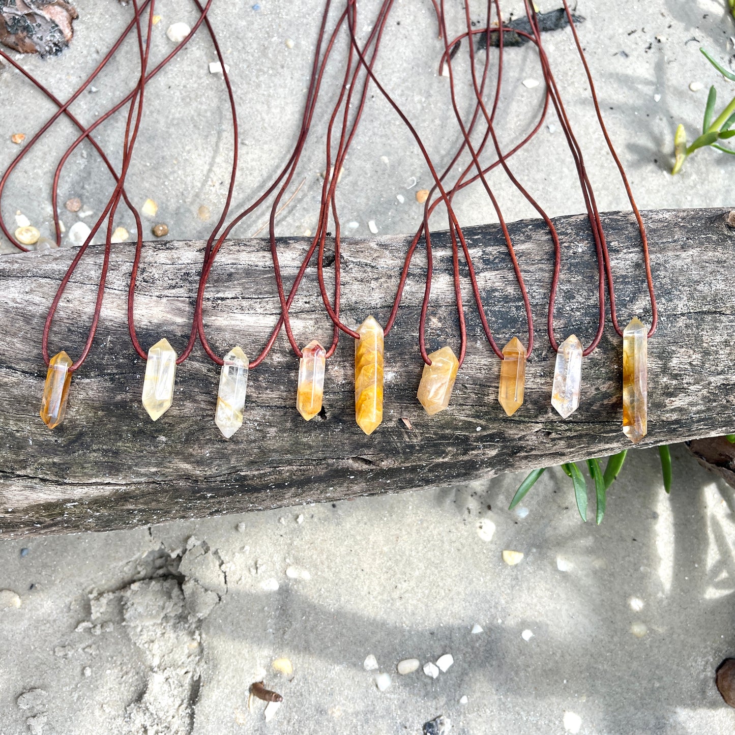 "Morning Swim" Lemon Yellow Hematoid Quartz Pendant Leather Necklace