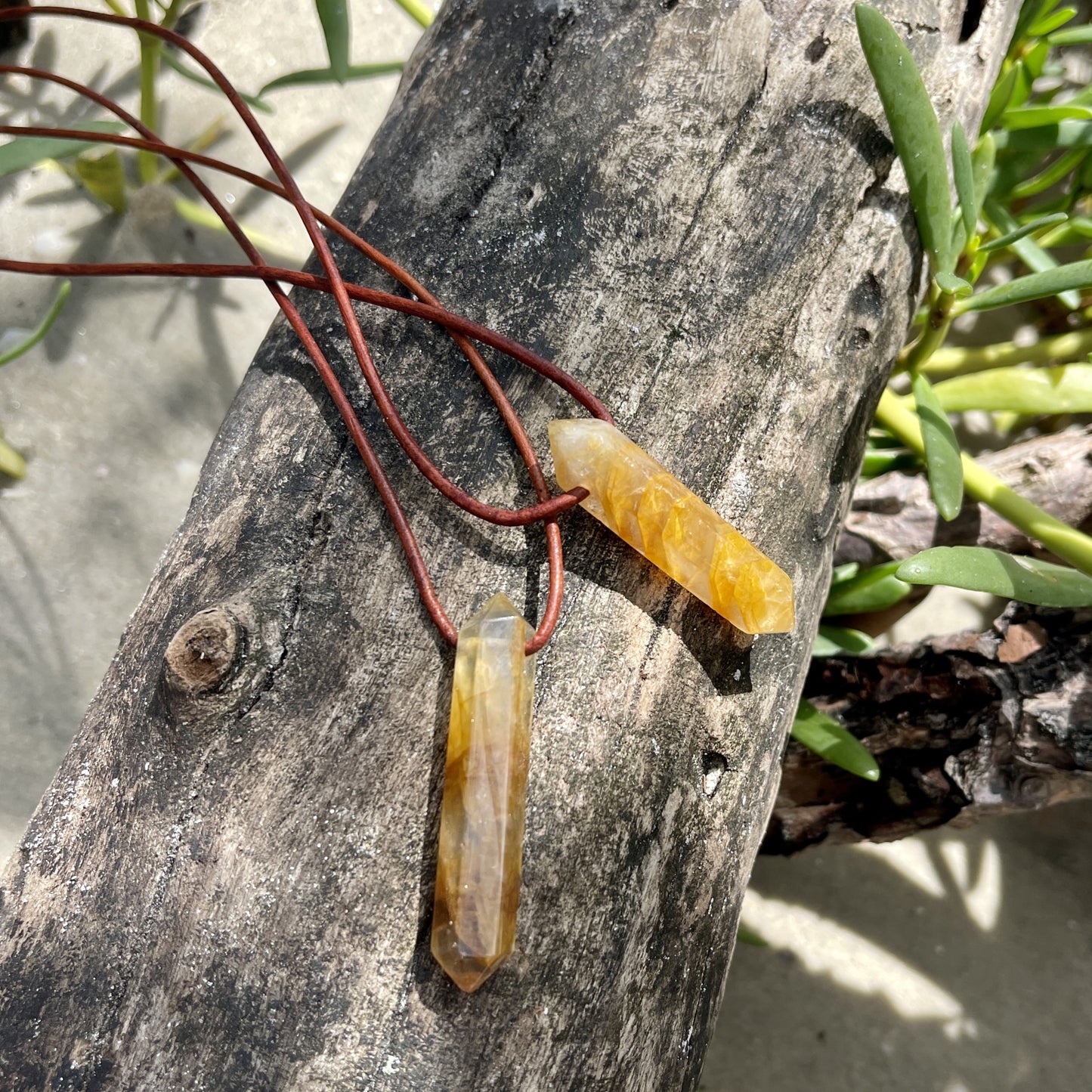 "Morning Swim" Lemon Yellow Hematoid Quartz Pendant Leather Necklace