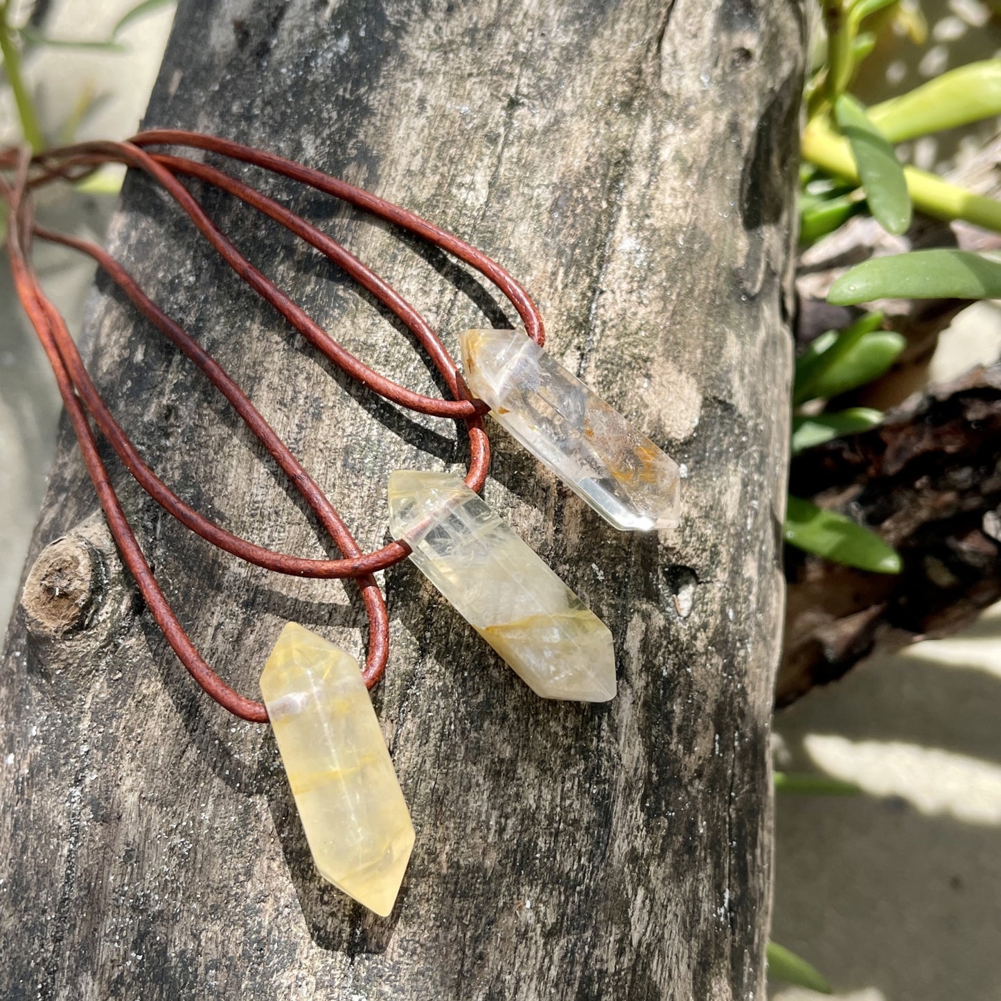 "Morning Swim" Lemon Yellow Hematoid Quartz Pendant Leather Necklace