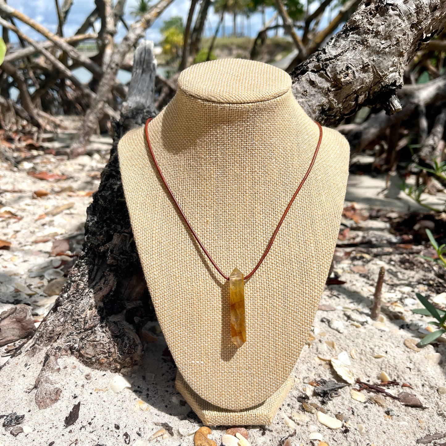 "Morning Swim" Lemon Yellow Hematoid Quartz Pendant Leather Necklace