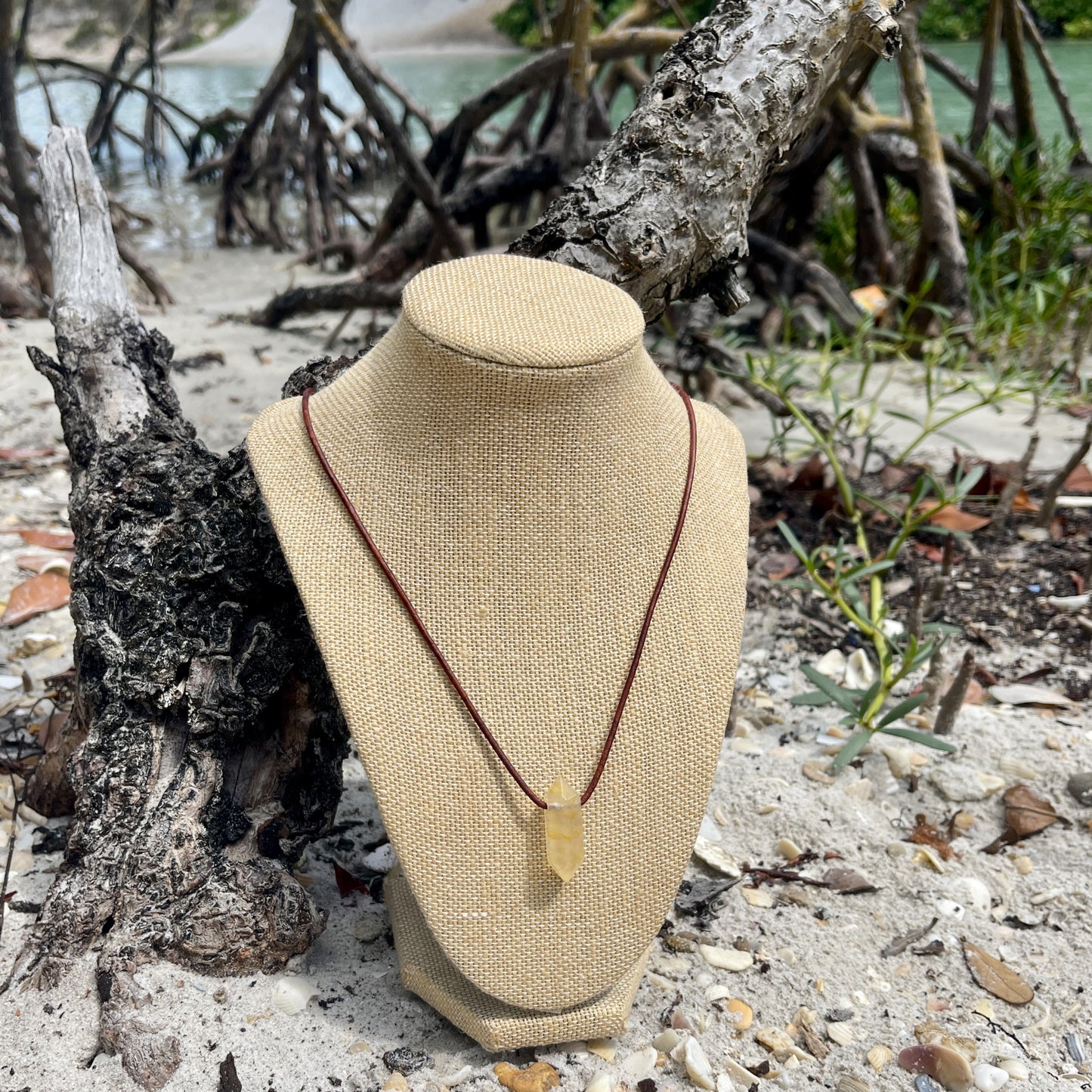 "Morning Swim" Lemon Yellow Hematoid Quartz Pendant Leather Necklace