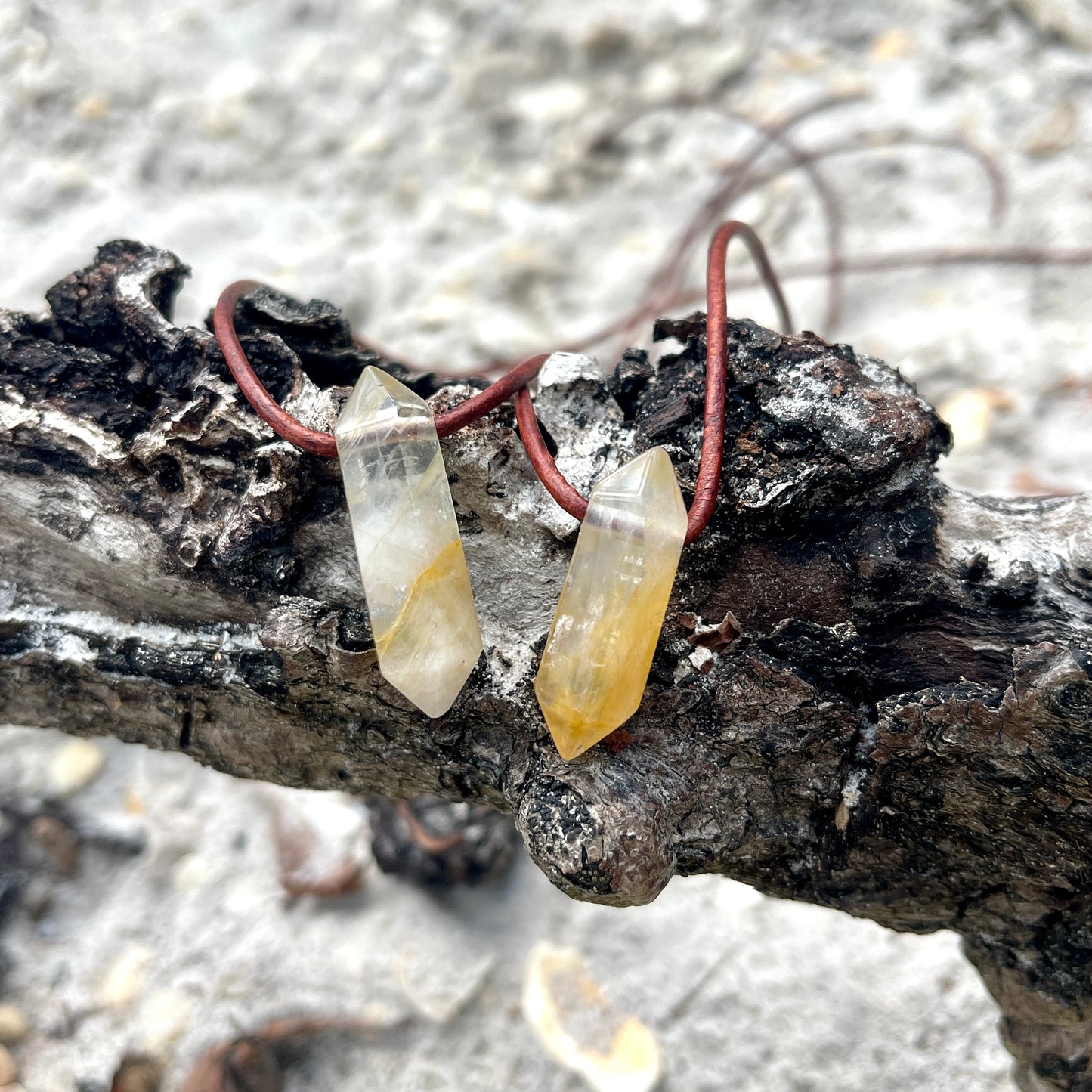 "Morning Swim" Lemon Yellow Hematoid Quartz Pendant Leather Necklace