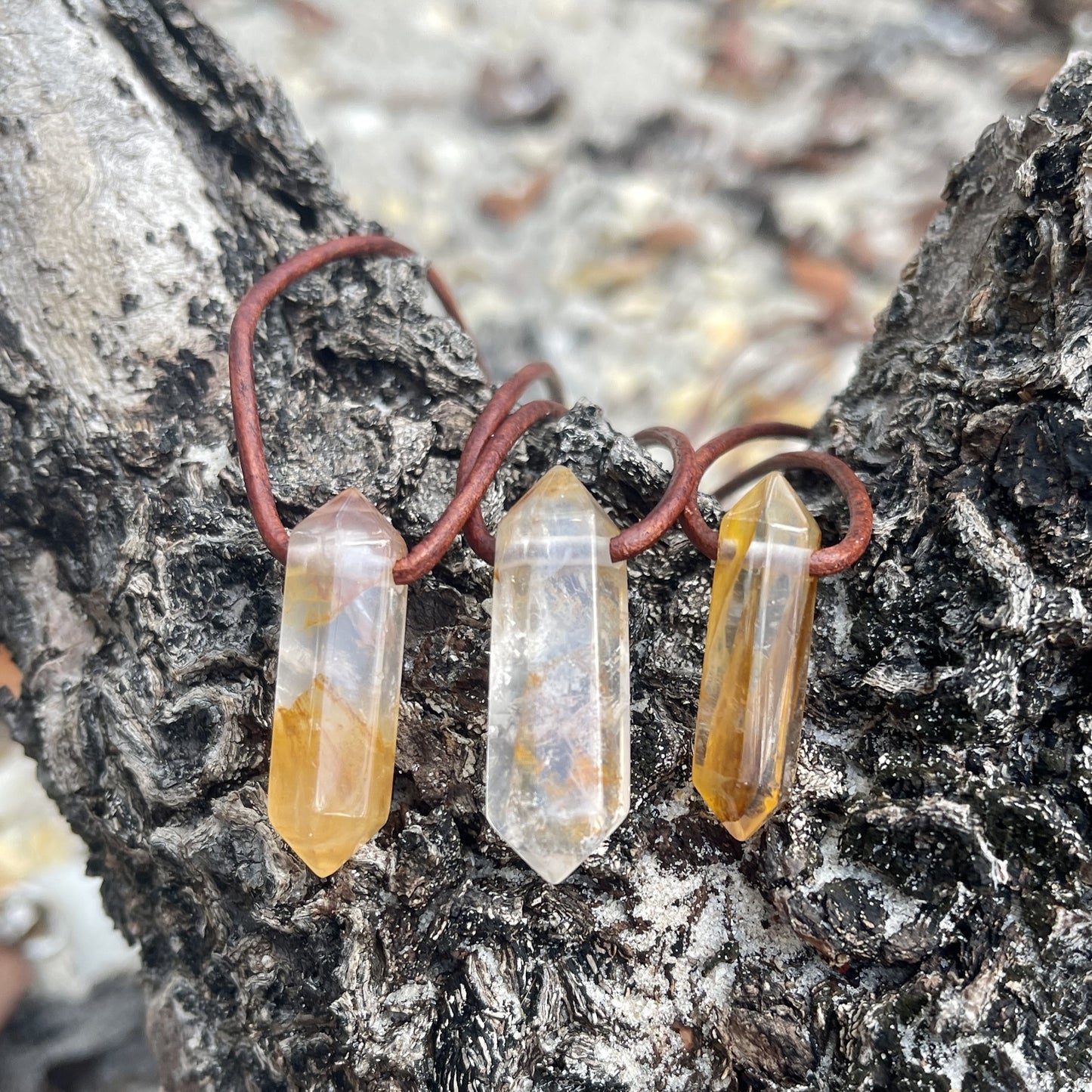 "Morning Swim" Lemon Yellow Hematoid Quartz Pendant Leather Necklace