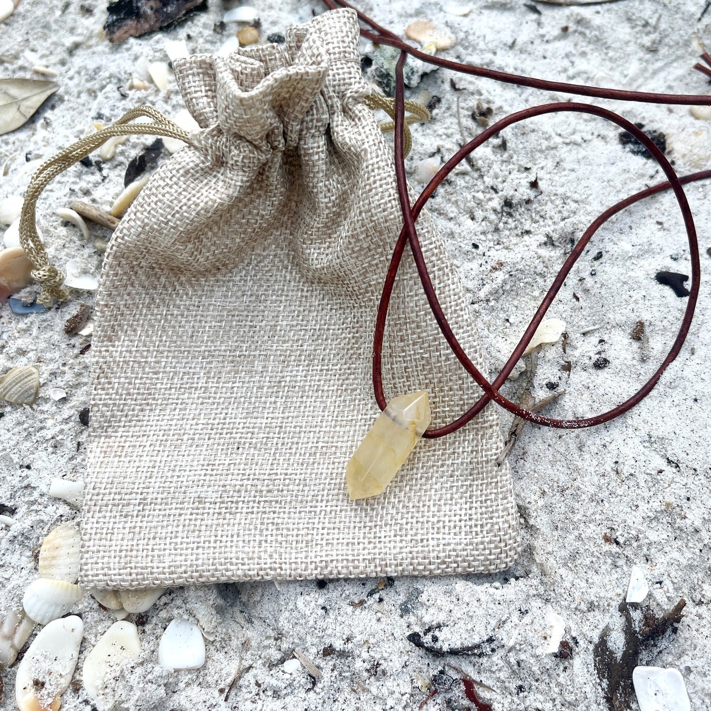 "Morning Swim" Lemon Yellow Hematoid Quartz Pendant Leather Necklace