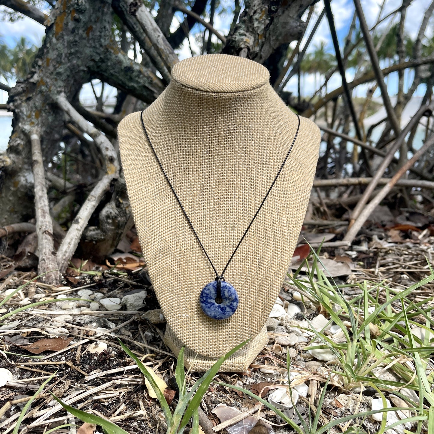 "Salt & Light" Blue Sodalite Round Stone Cotton Necklace