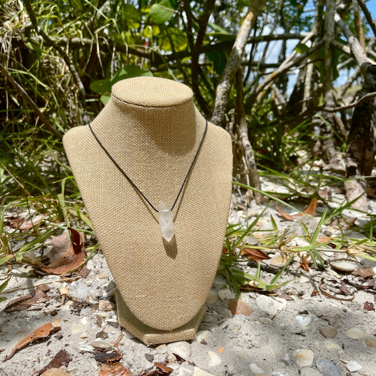 "Counterfeit Immortality" Frosted Matte Clear Quartz Cotton Necklace