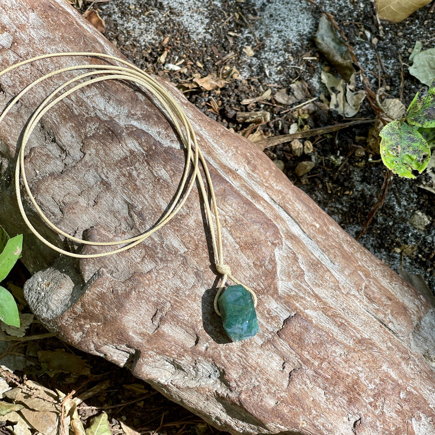 "Snoqualmie Falls" Raw Stone Green Moss Agate on Cotton Necklace