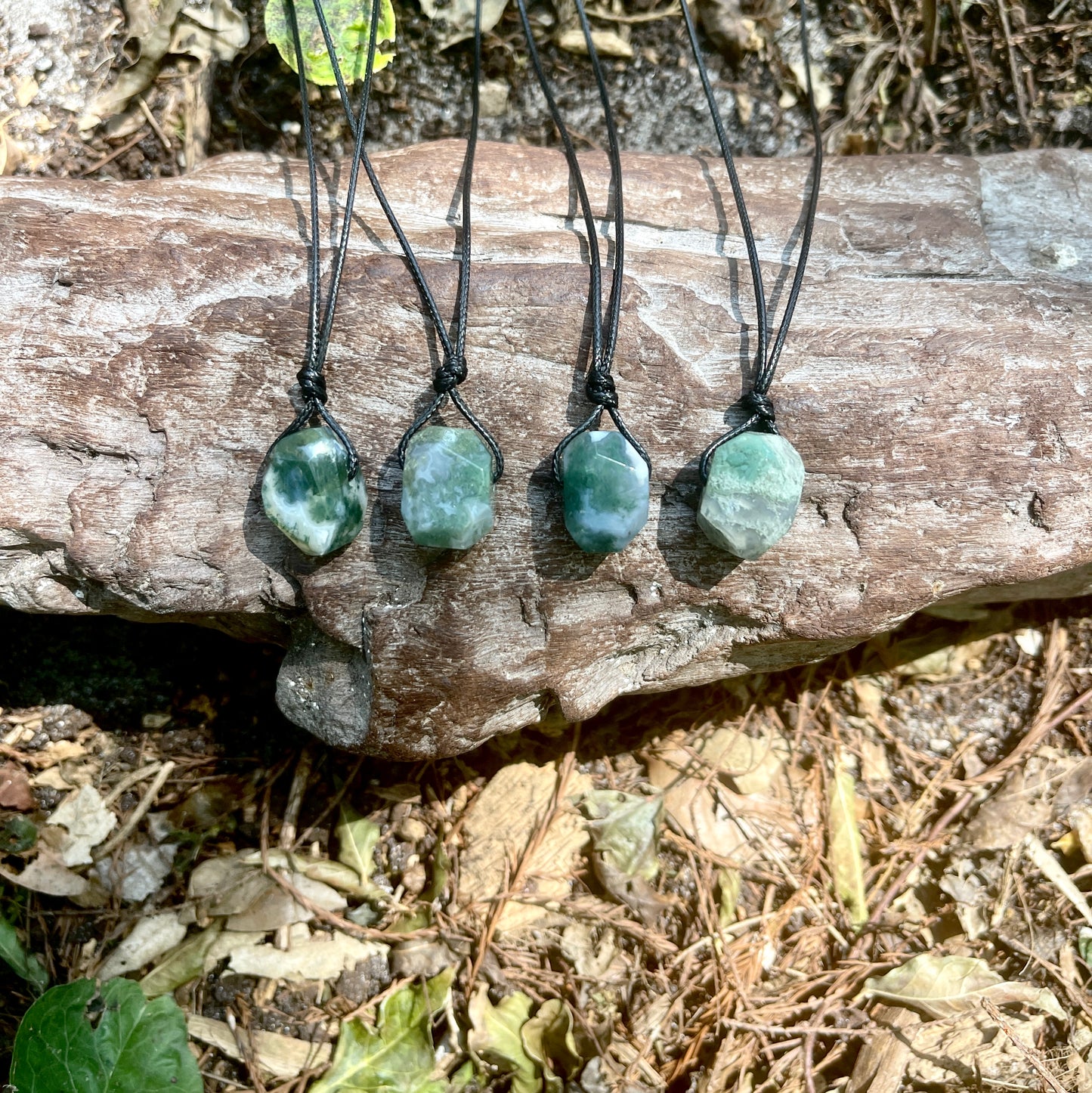 "Snoqualmie Falls" Raw Stone Green Moss Agate on Cotton Necklace