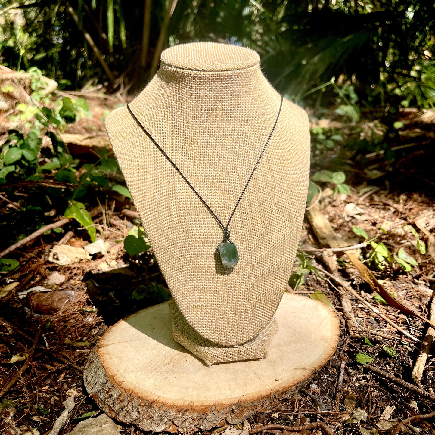 "Snoqualmie Falls" Raw Stone Green Moss Agate on Cotton Necklace