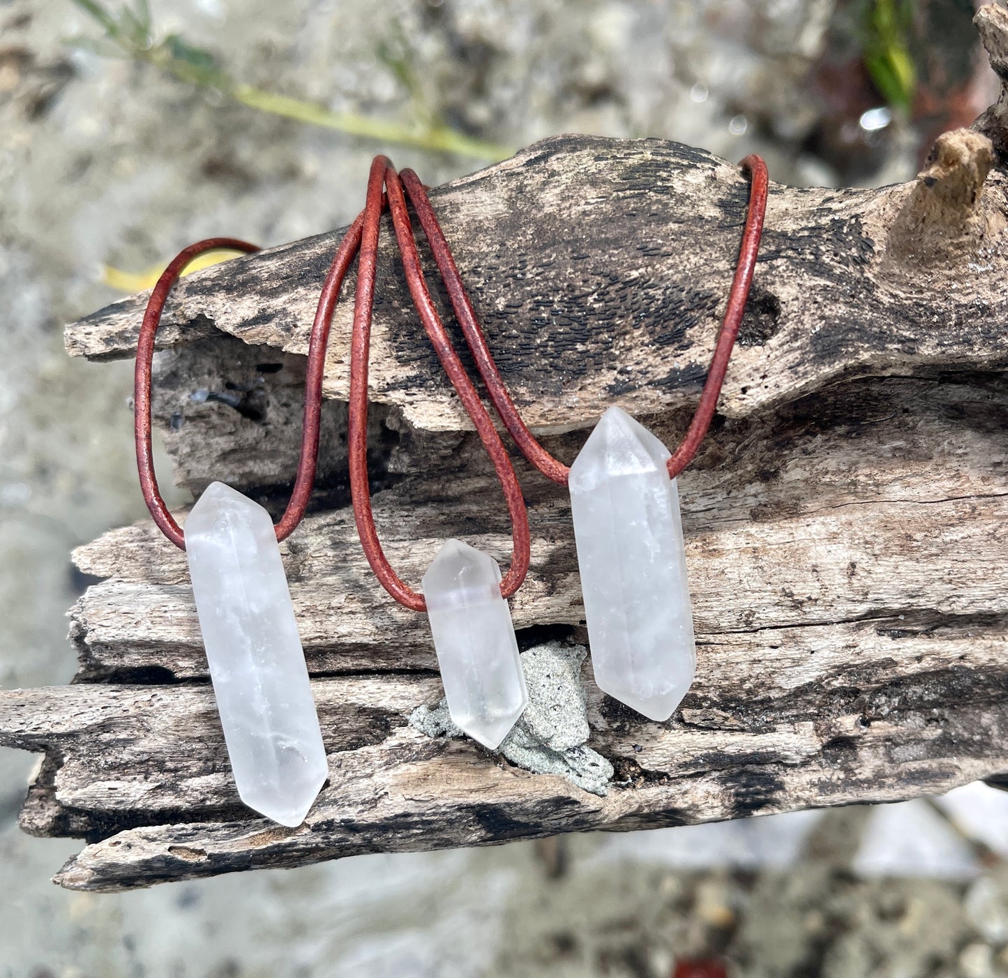 "Project Highjump" Arctic Frosted Matte Clear Quartz Crystal Pendant Leather Necklace