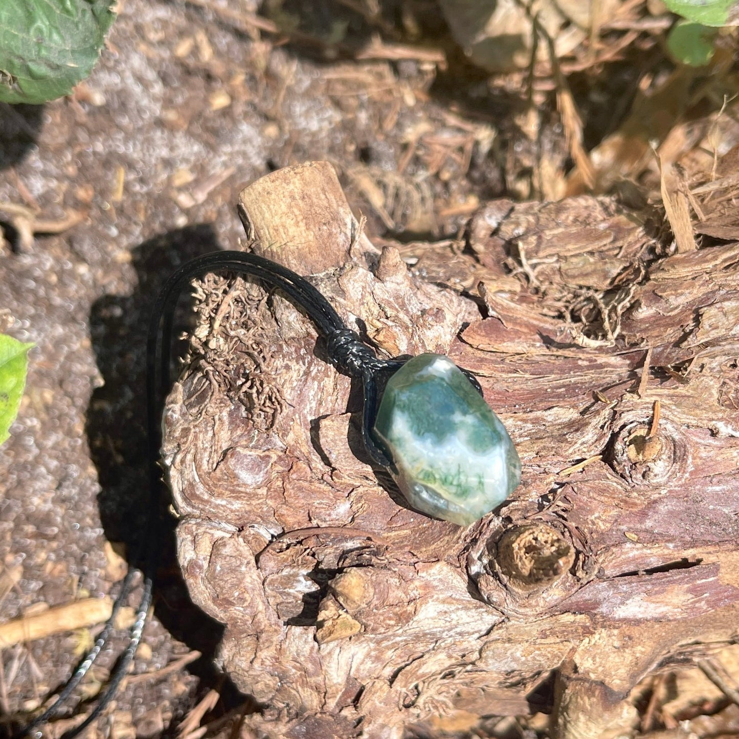 "Snoqualmie Falls" Raw Stone Green Moss Agate on Cotton Necklace