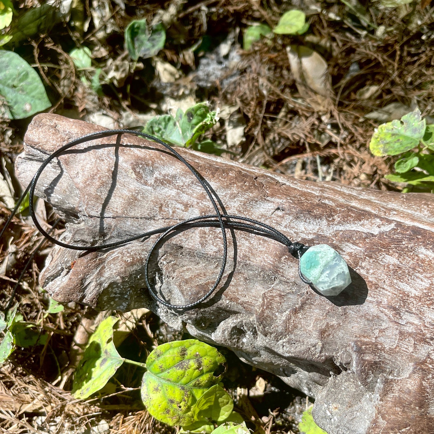 "Snoqualmie Falls" Raw Stone Green Moss Agate on Cotton Necklace