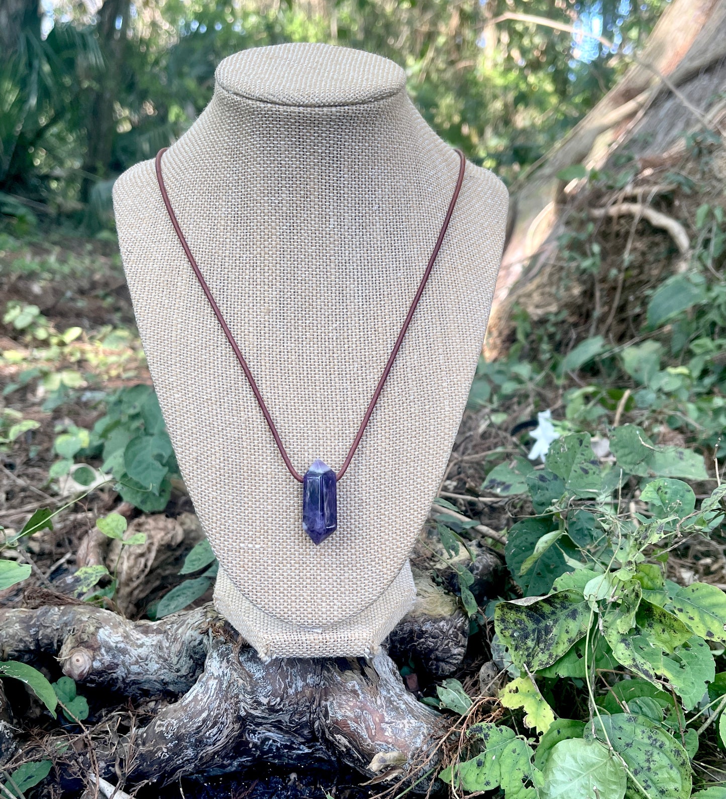 "Dabble In Dimensions" Purple Amethyst Stone Pendant Leather Necklace