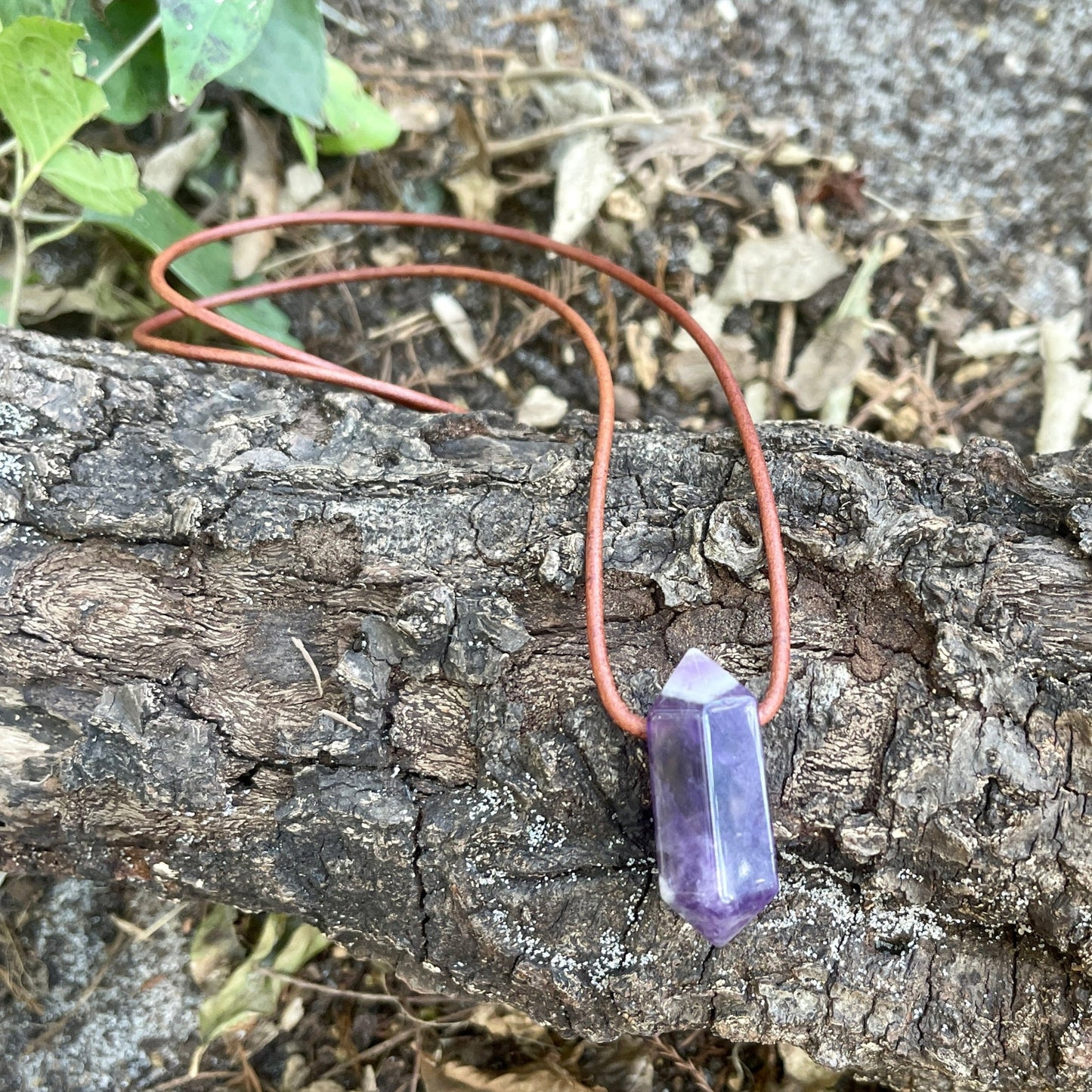 "Dabble In Dimensions" Purple Amethyst Stone Pendant Leather Necklace