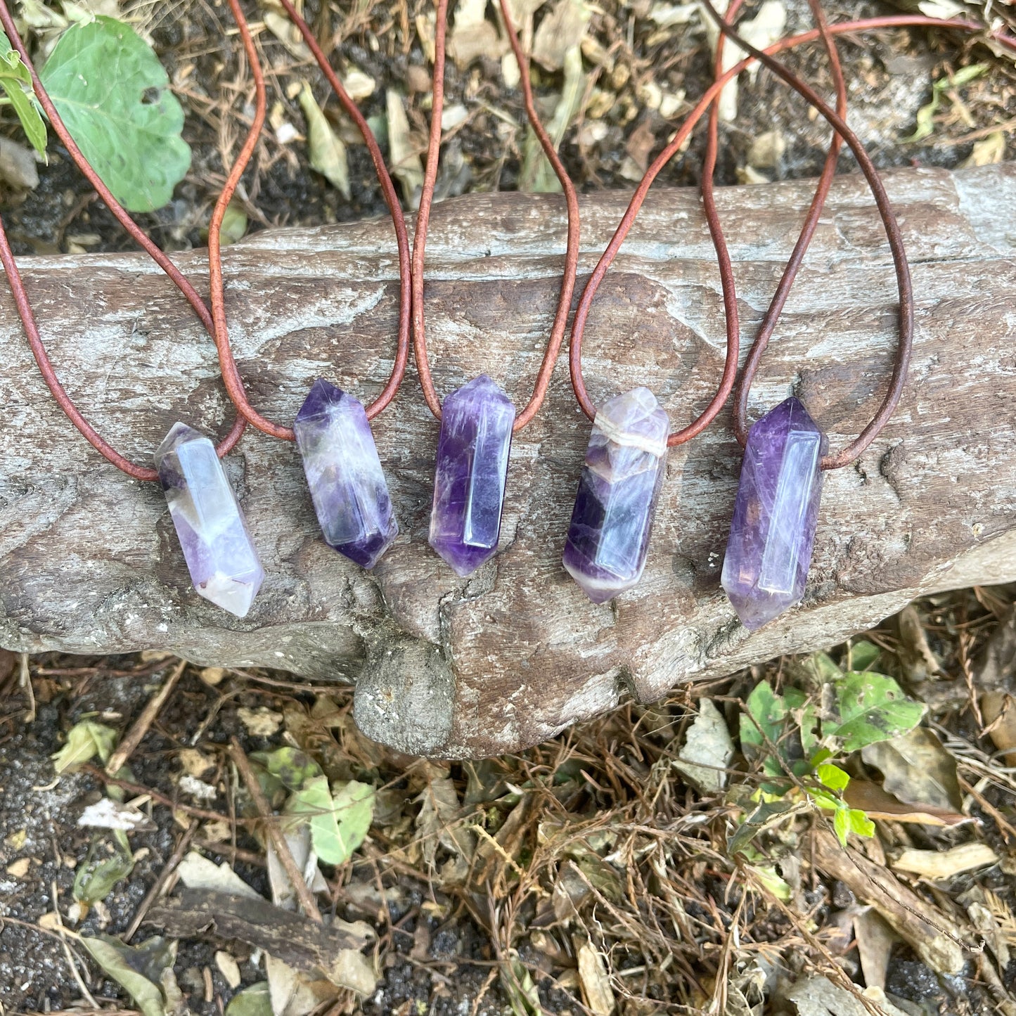 "Dabble In Dimensions" Purple Amethyst Stone Pendant Leather Necklace