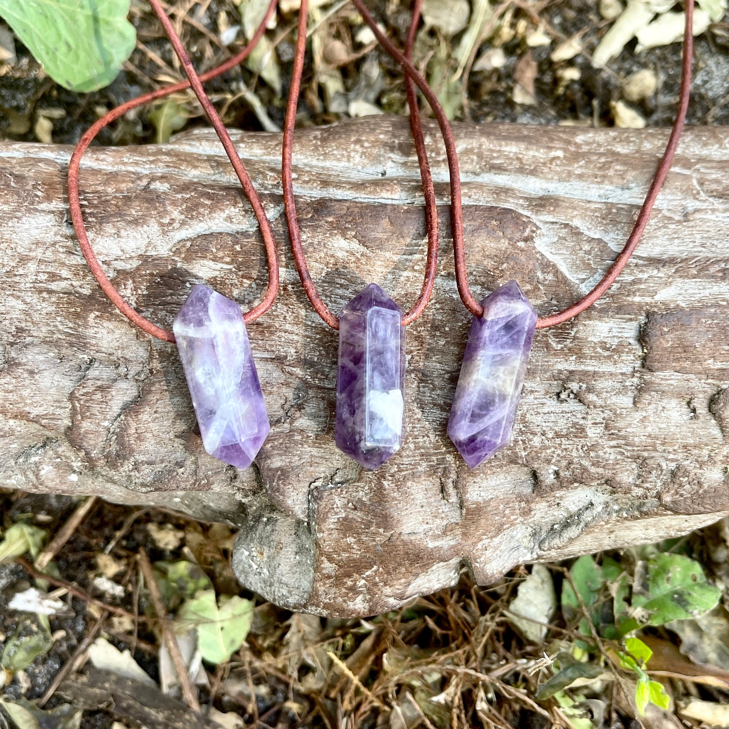 "Dabble In Dimensions" Purple Amethyst Stone Pendant Leather Necklace