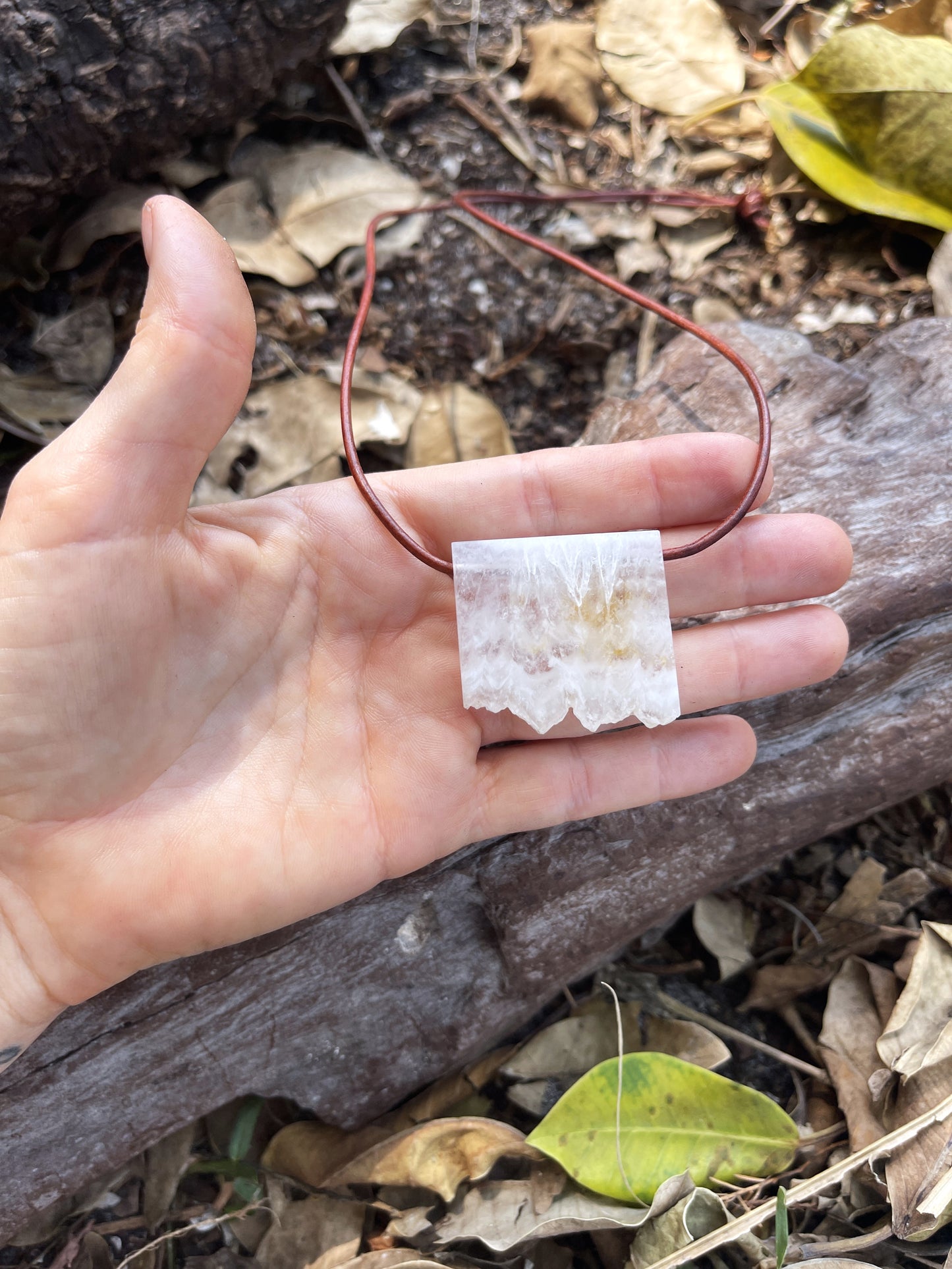 "Multiverse" White Agate Crystal Quartz Pendant Rustic Leather Necklace