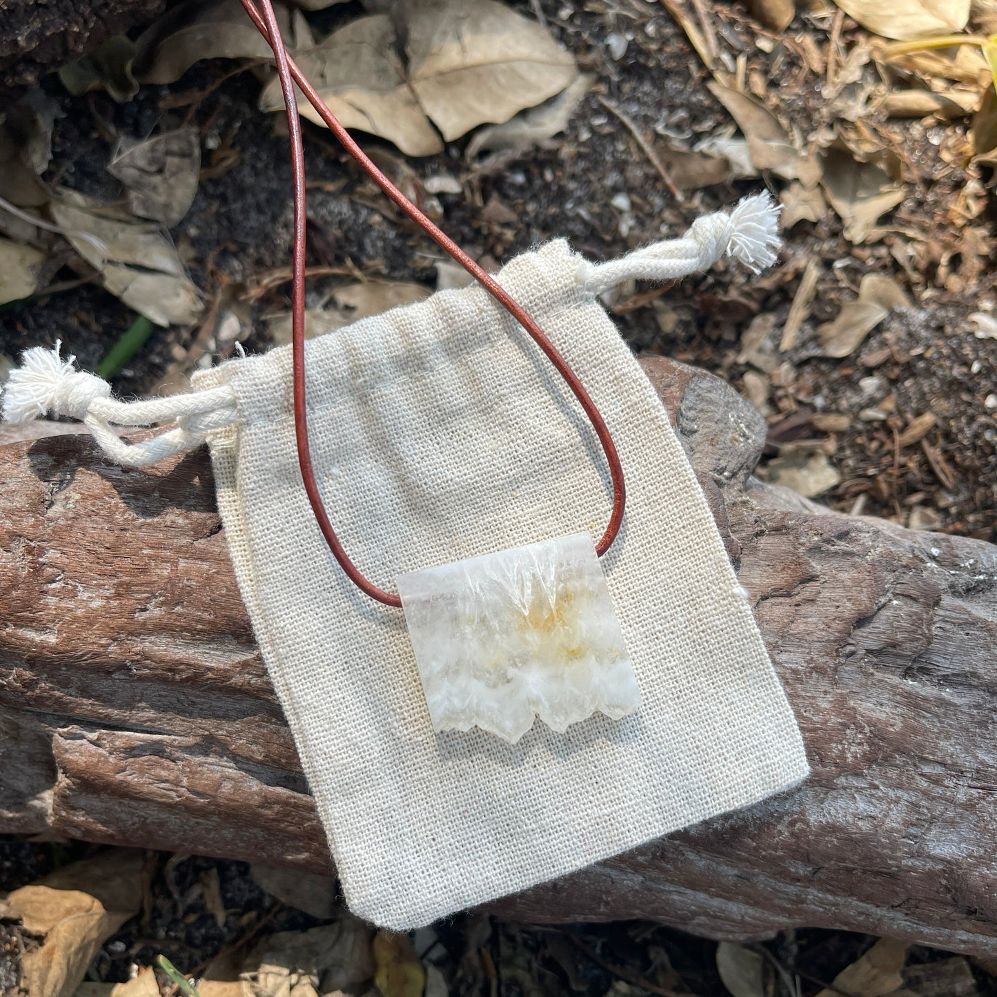 "Multiverse" White Agate Crystal Quartz Pendant Rustic Leather Necklace