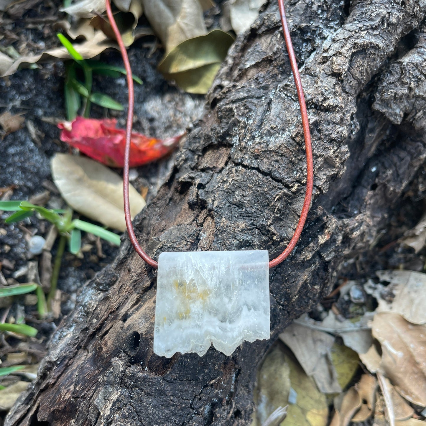 "Multiverse" White Agate Crystal Quartz Pendant Rustic Leather Necklace