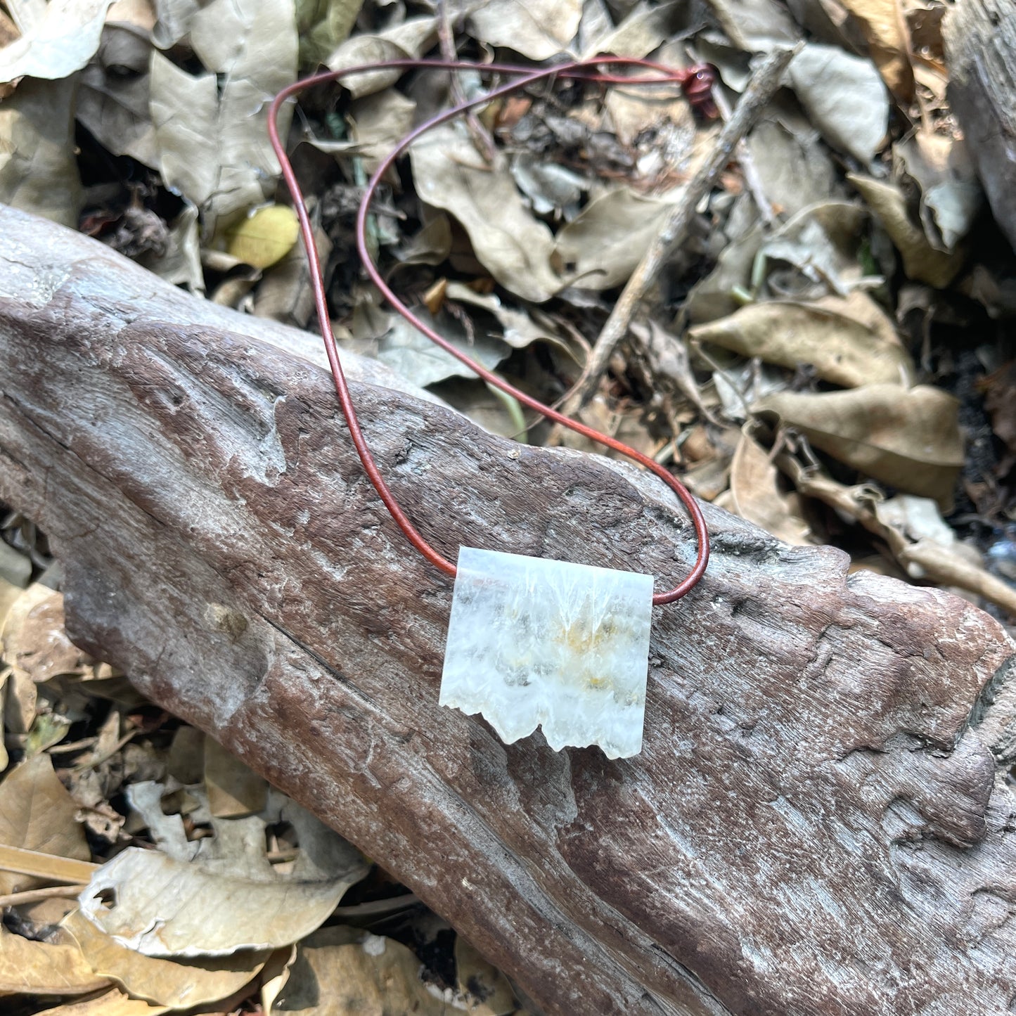 "Multiverse" White Agate Crystal Quartz Pendant Rustic Leather Necklace