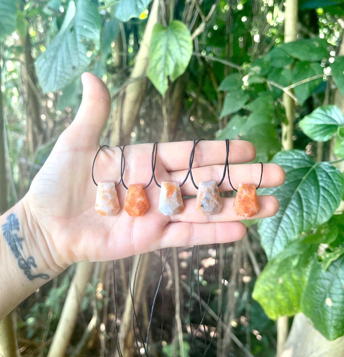 "Untamed" Marbled Natural Orange Sunstone Pendant Cotton Necklace