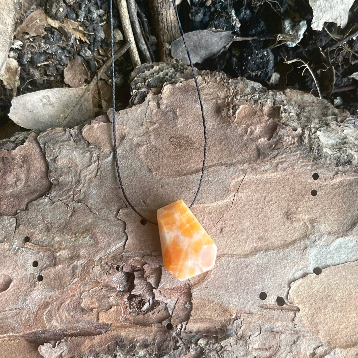 "Untamed" Marbled Natural Orange Sunstone Pendant Cotton Necklace