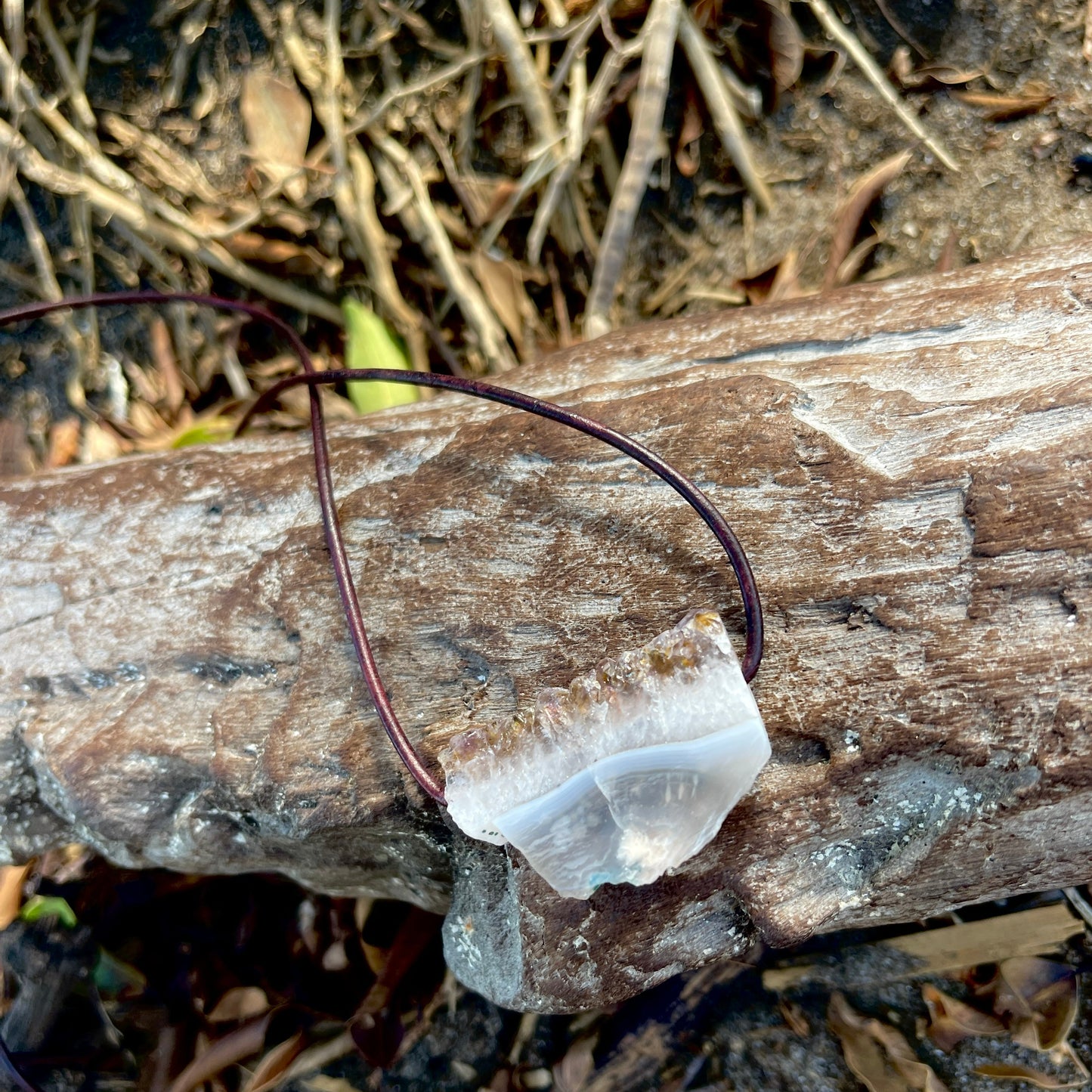 "Esdras" Natural Raw Amethyst Slice On Mahogany Leather