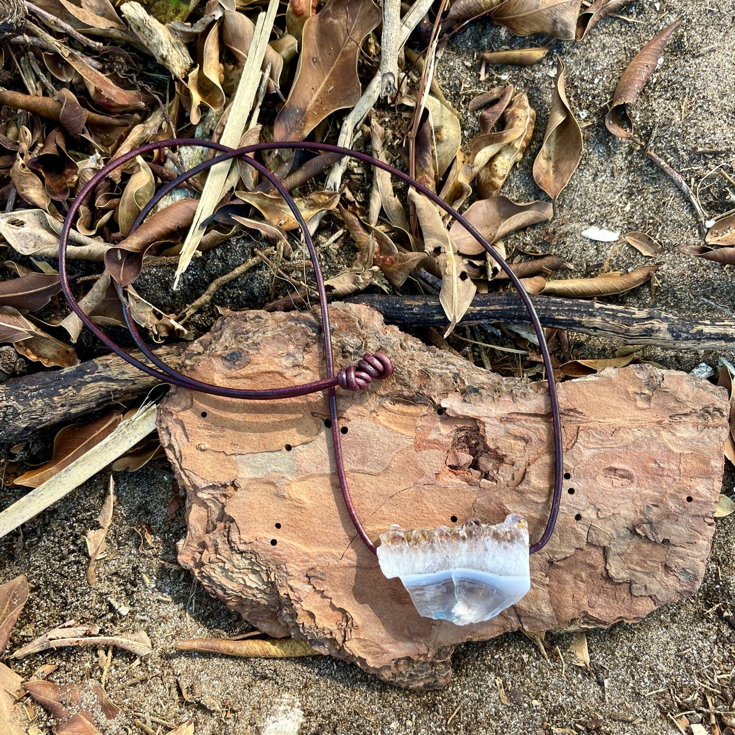 "Esdras" Natural Raw Amethyst Slice On Mahogany Leather