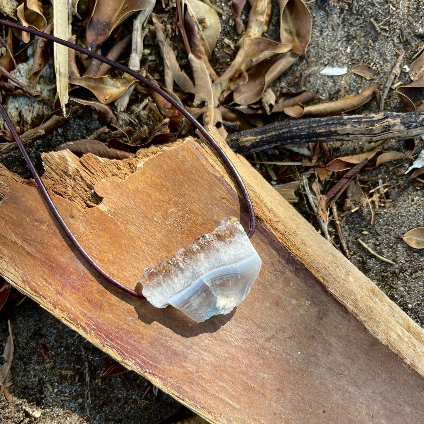 "Esdras" Natural Raw Amethyst Slice On Mahogany Leather