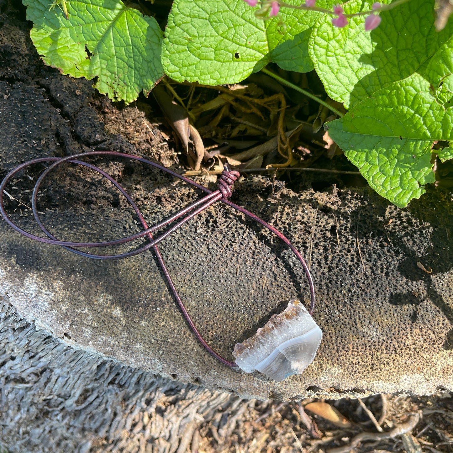 "Esdras" Natural Raw Amethyst Slice On Mahogany Leather