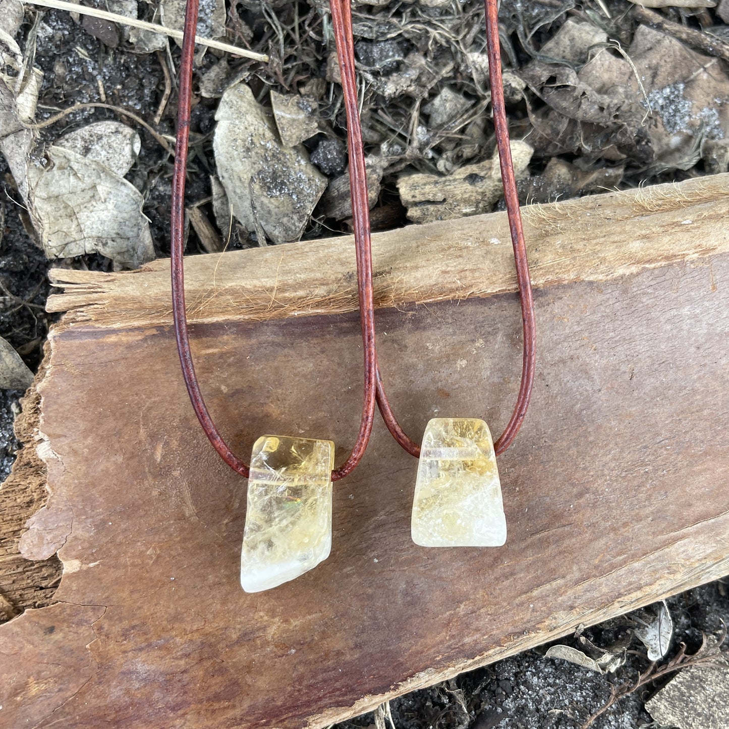 "Mountain Sunrise" Lemon Yellow Citrine Crystal Pendant Leather Necklace