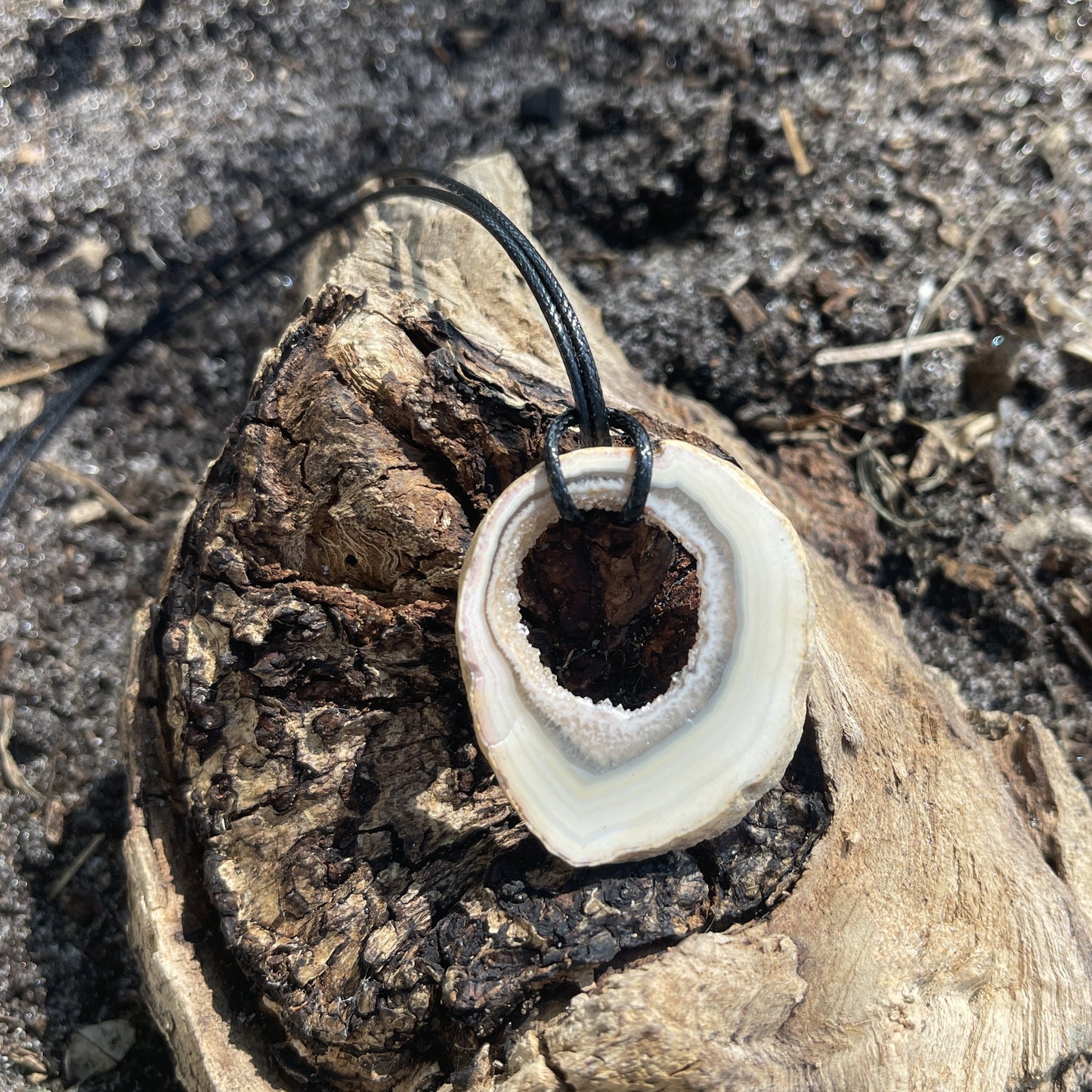 "Saturn's Rings" Druzy Quartz Natural Pendant Cotton Necklace