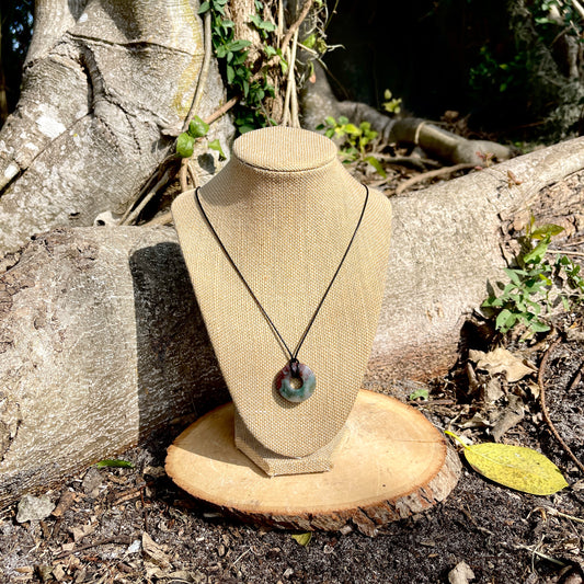 "The Sage" Natural Indian Agate Donut Pendant Waxed Cotton Black Necklace