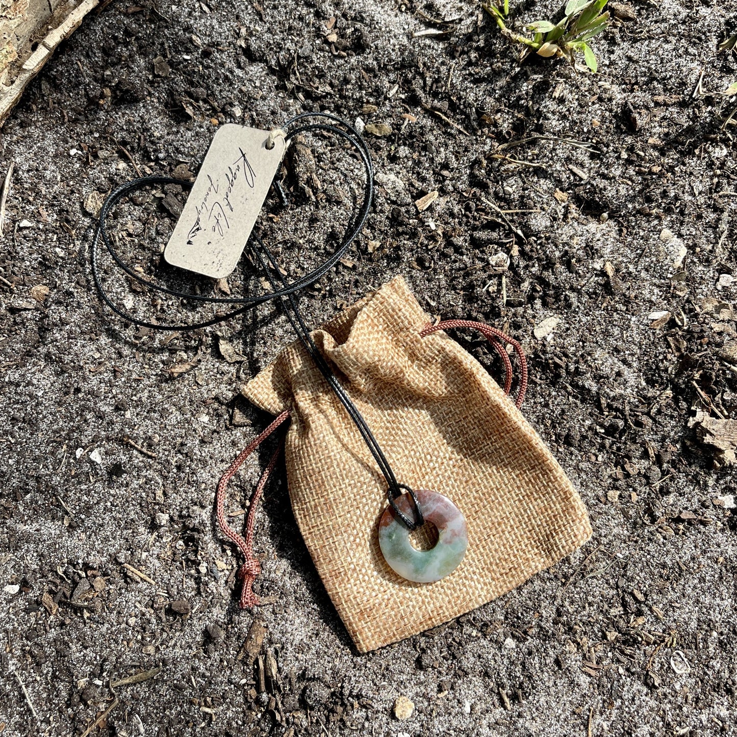 "The Sage" Natural Indian Agate Donut Pendant Waxed Cotton Black Necklace