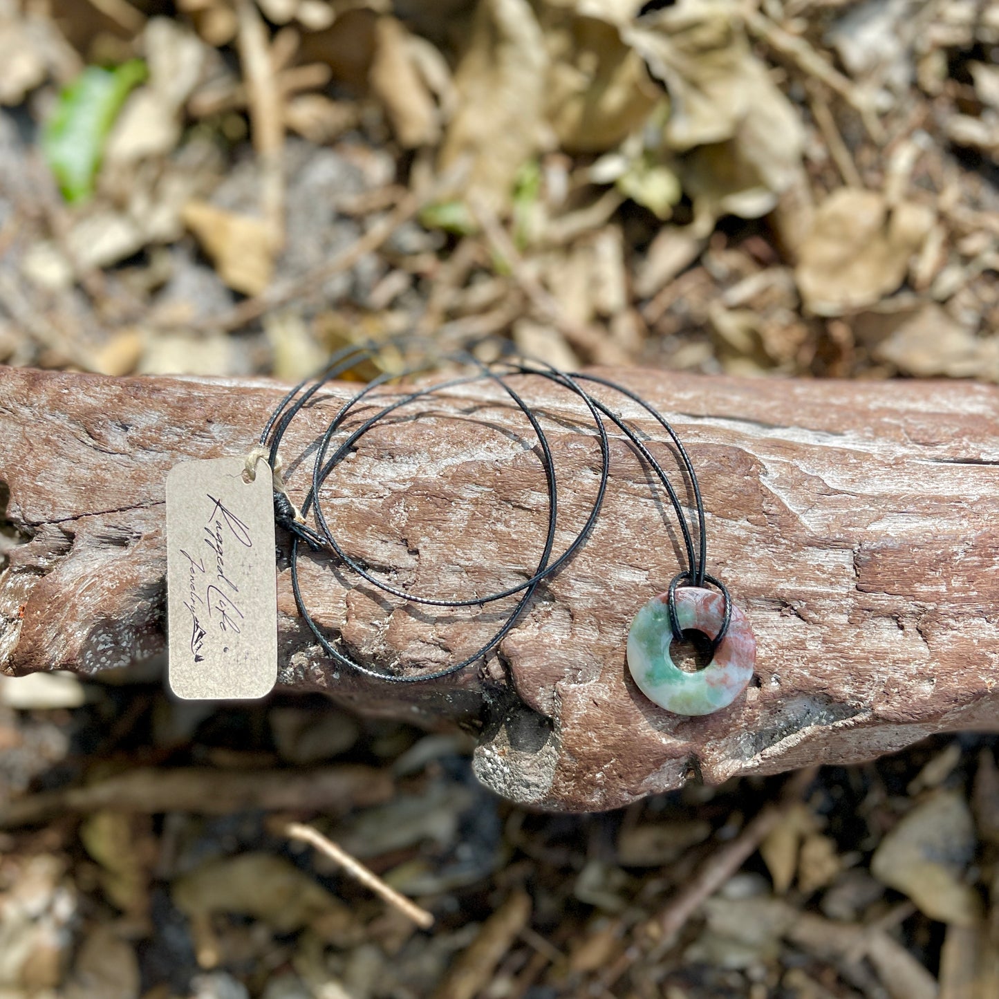 "The Sage" Natural Indian Agate Donut Pendant Waxed Cotton Black Necklace