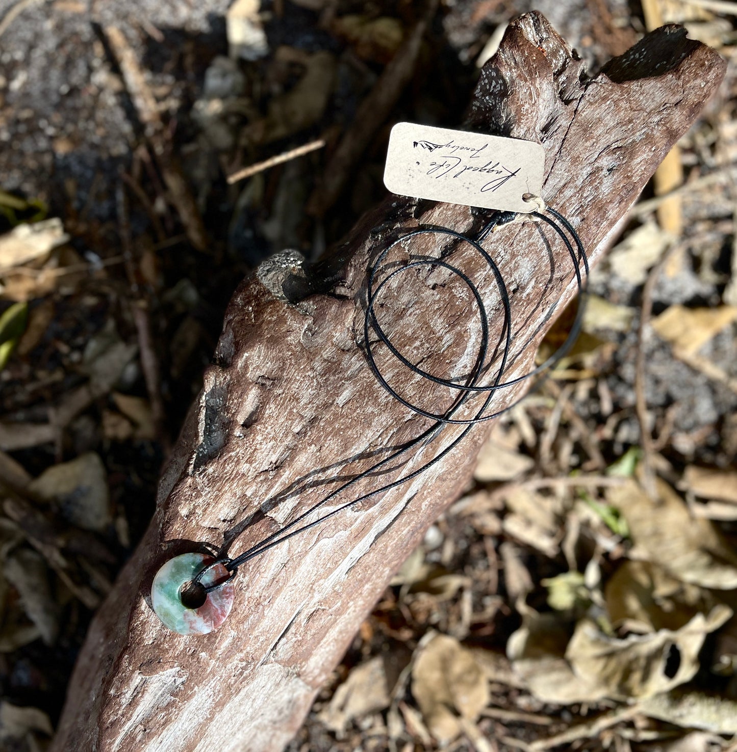 "The Sage" Natural Indian Agate Donut Pendant Waxed Cotton Black Necklace