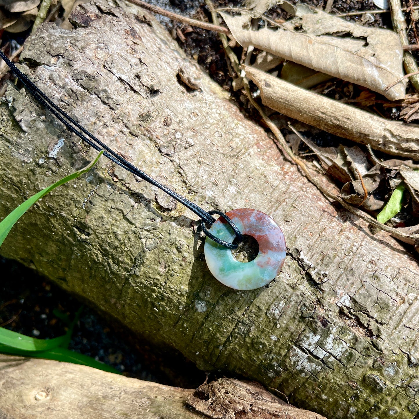 "The Sage" Natural Indian Agate Donut Pendant Waxed Cotton Black Necklace