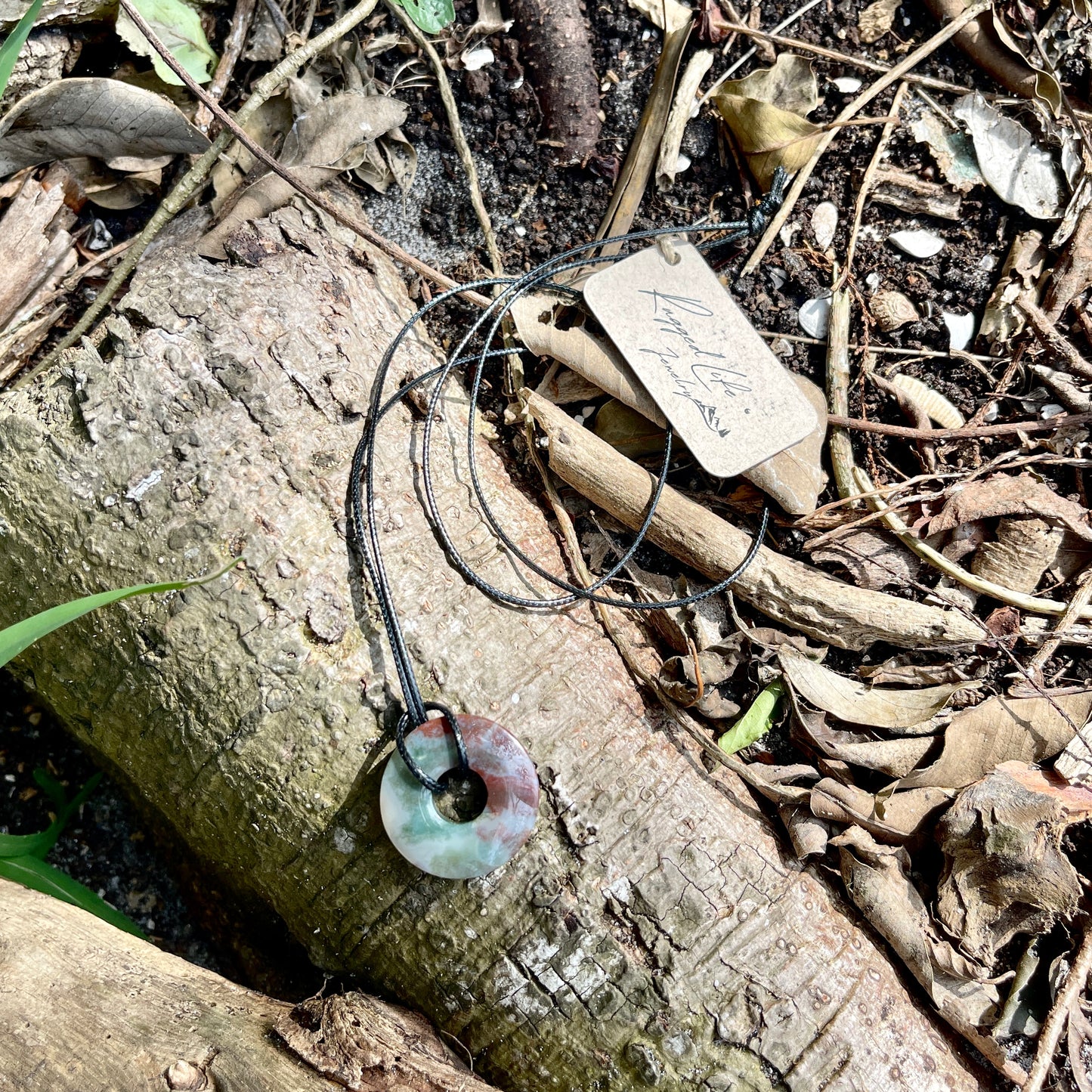 "The Sage" Natural Indian Agate Donut Pendant Waxed Cotton Black Necklace