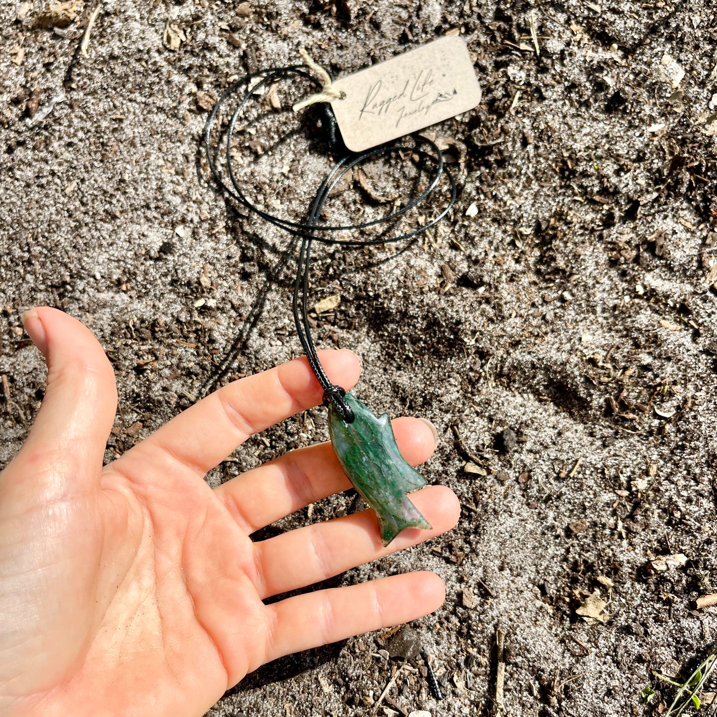 "Enchanting Seas" Brillant Green Moss Agate Fish On Waxed Cotton Necklace