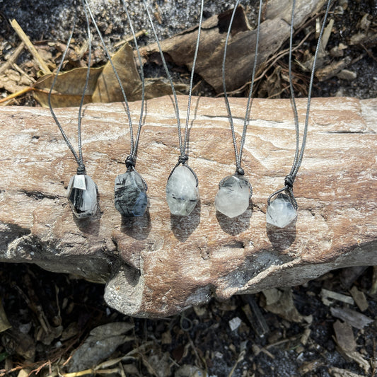black and clear rutilated quartz necklace