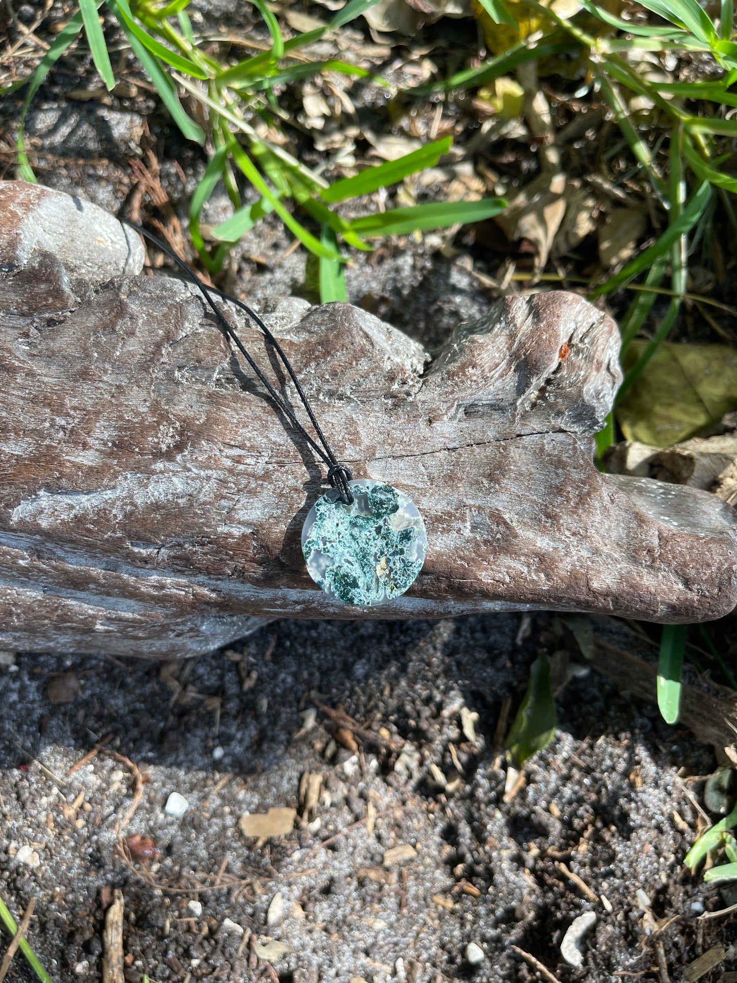 Natural Green Moss Agate Round Pendant Necklace