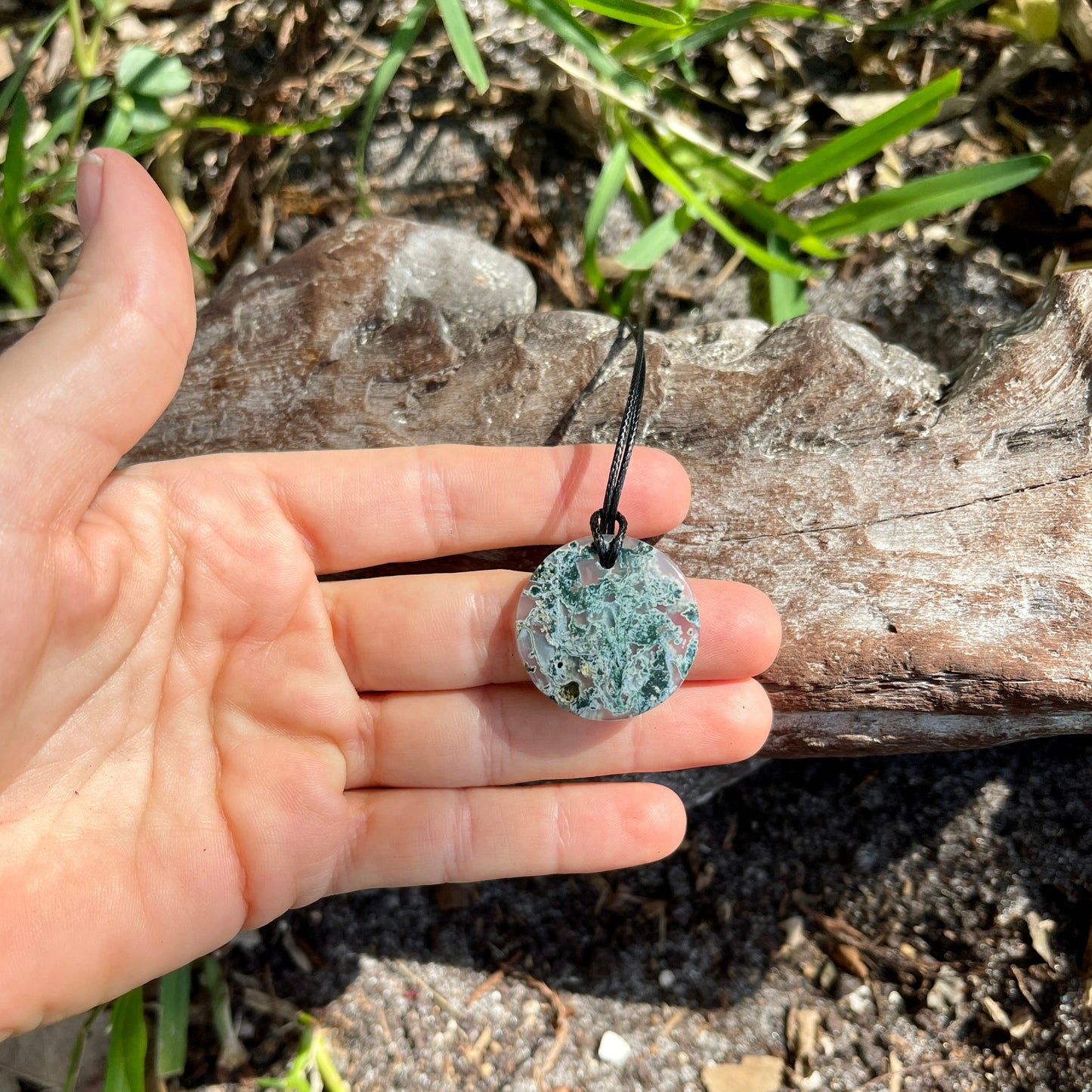 Natural Green Moss Agate Round Pendant Necklace