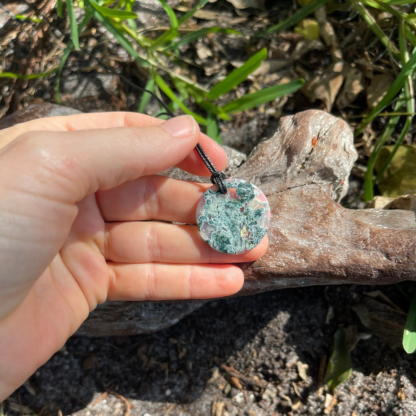 Natural Green Moss Agate Round Pendant Necklace