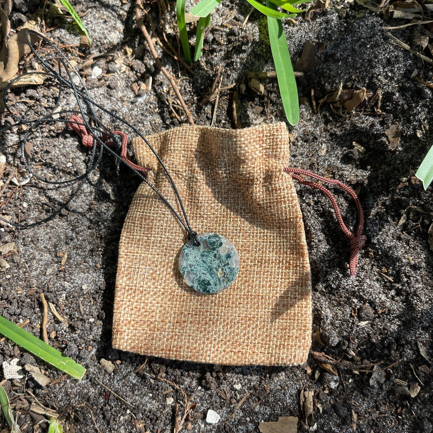 Natural Green Moss Agate Round Pendant Necklace