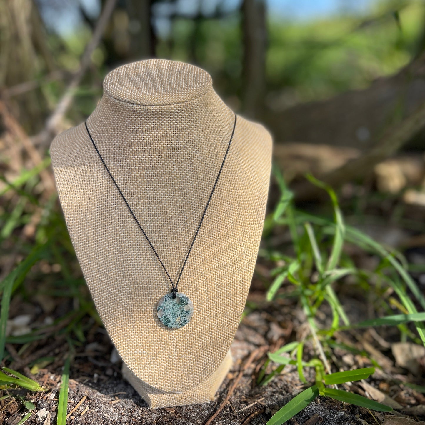 Natural Green Moss Agate Round Pendant Necklace